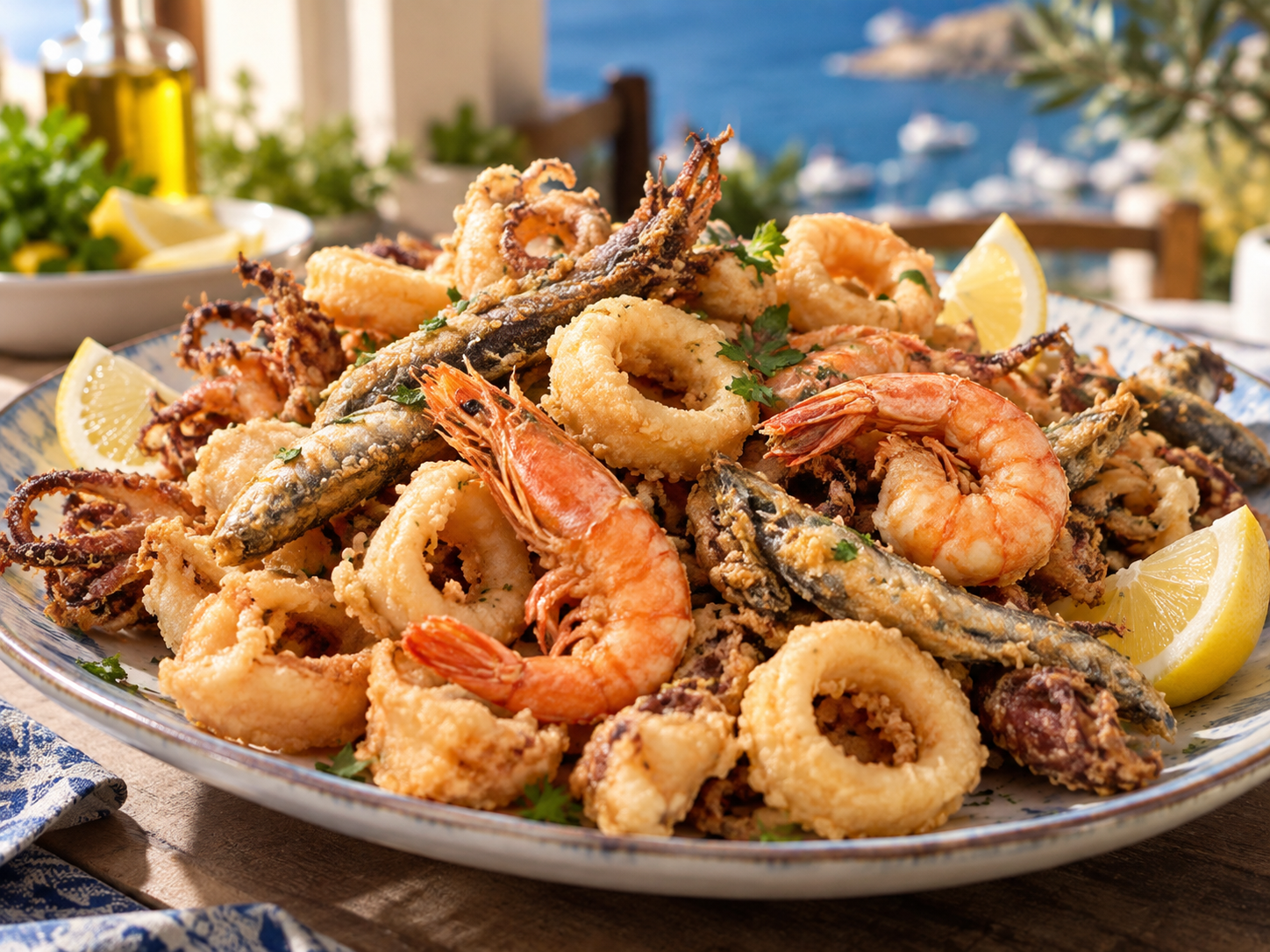 Piatto di frutti di mare fritti con gamberi e calamari, guarnito con spicchi di limone, servito su un tavolo in riva al mare.
