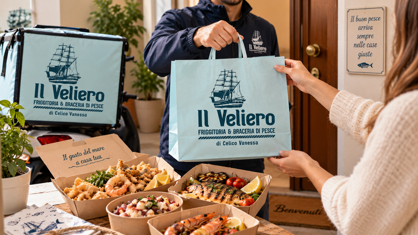 Mani che reggono sacchetti per alimenti Il Veliero color verde acqua sopra un tavolo con piatti preparati e contenitori da asporto.