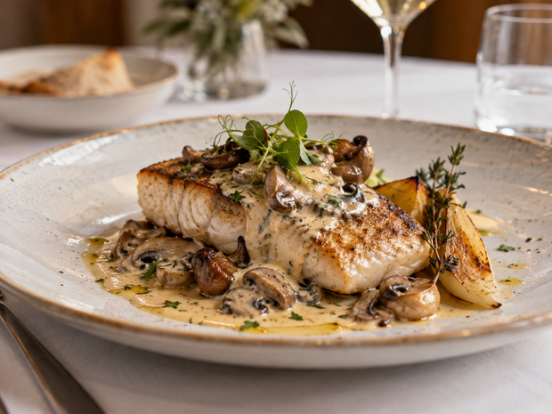 Filetto di pesce scottato con salsa cremosa ai funghi ed erbe aromatiche su un piatto bianco.