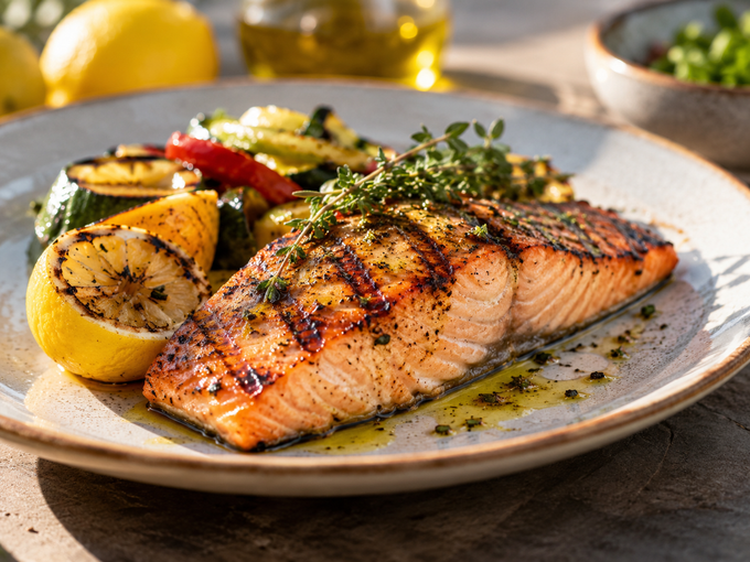 Filetto di salmone grigliato con limone e verdure, servito su un piatto e condito con erbe aromatiche.