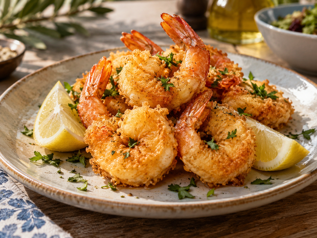 Piatto di gamberi fritti croccanti guarniti con prezzemolo e spicchi di limone su un tavolo rustico