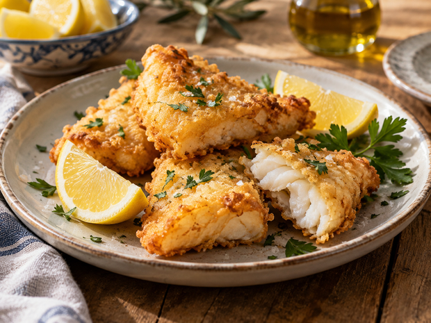 Filetti di pesce impanati e fritti, serviti su un tavolo rustico con spicchi di limone e prezzemolo.