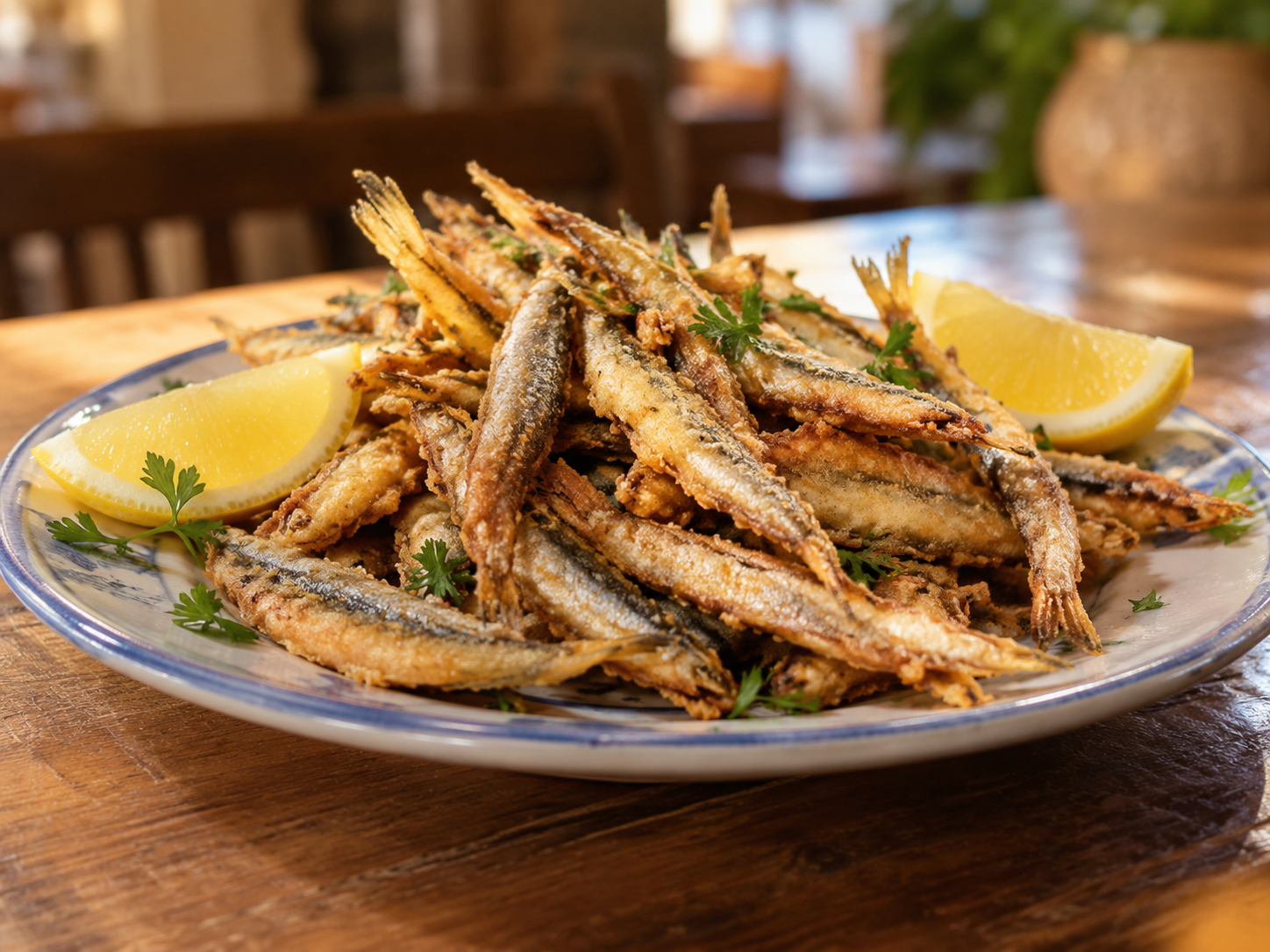 Piatto di pesciolini fritti con spicchi di limone su un tavolo di legno, guarnito con erbe aromatiche.