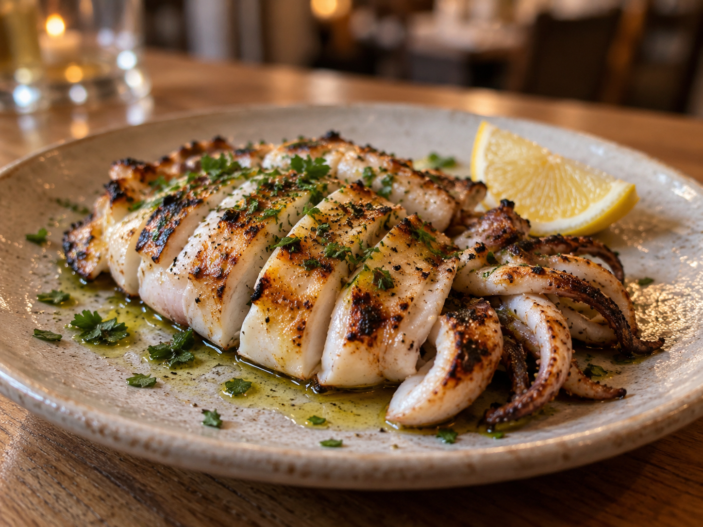 Calamari grigliati su un piatto con spicchio di limone ed erbe aromatiche, serviti in un'atmosfera calda e accogliente da ristorante.