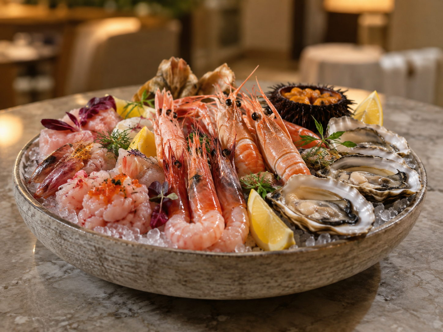 Piatto di frutti di mare con gamberi, ostriche, salmone e limone in una grande ciotola, servito in un ambiente da ristorante.