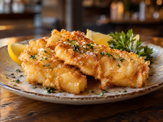 Piatto di filetti di pesce fritti dorati, guarniti con erbe aromatiche e spicchi di limone, serviti su un tavolo di legno.