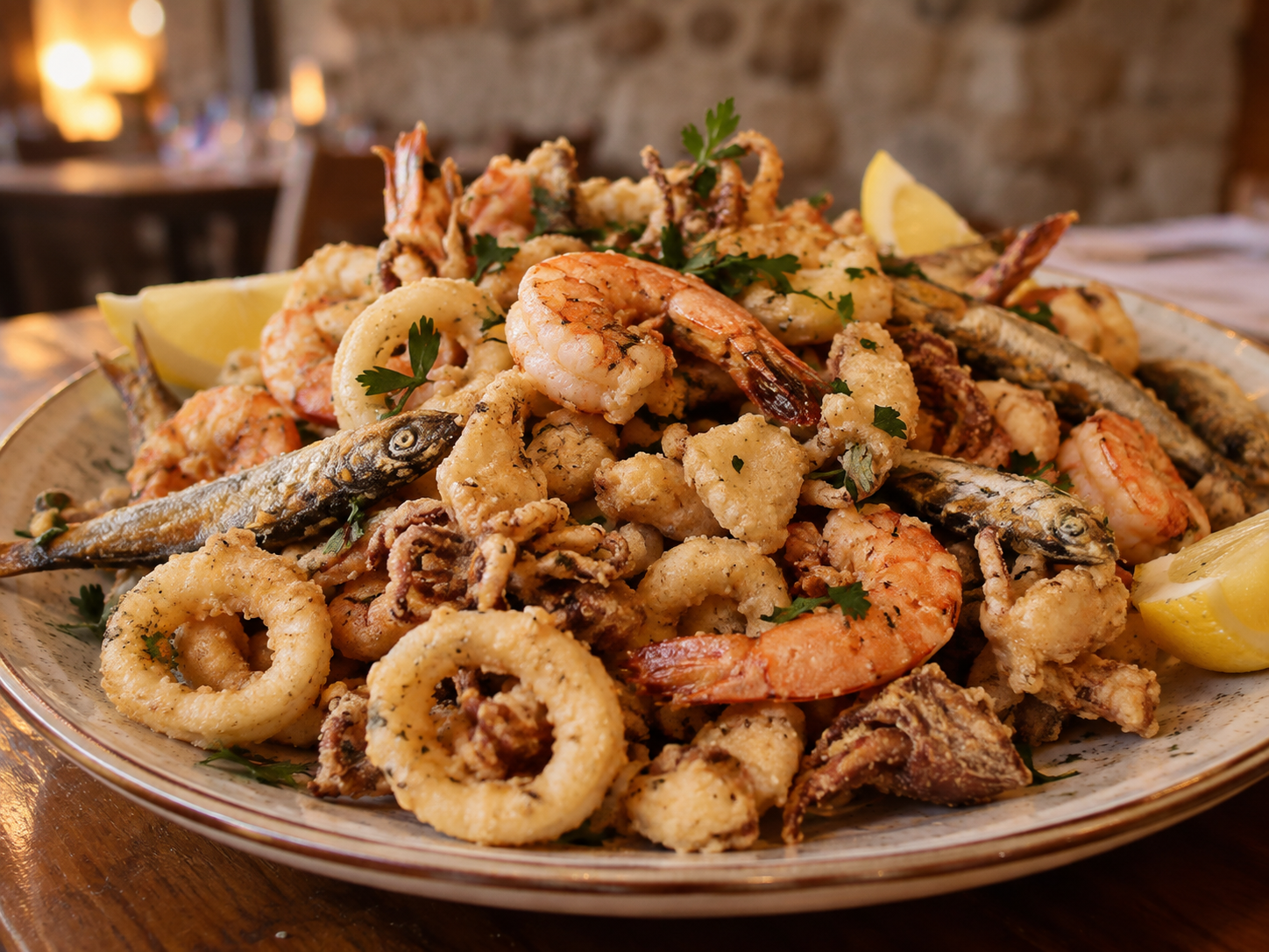 Piatto di frutti di mare e calamari fritti con spicchi di limone su un tavolo di ristorante.
