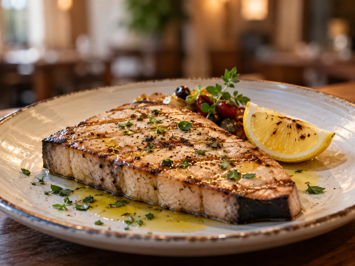 Filetto di pesce grigliato su un piatto bianco con spicchio di limone ed erbe aromatiche, servito in un ambiente da ristorante.