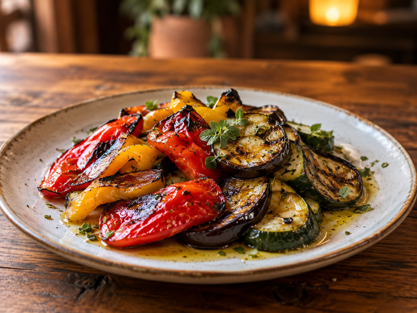 Un misto di verdure arrosto su un piatto bianco, con peperoni rossi, zucchine e melanzane su un tavolo di legno.