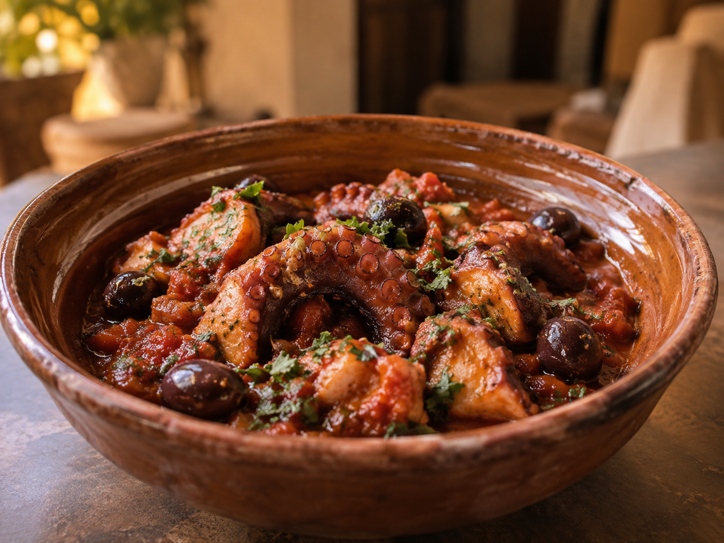 Ciotola di terracotta contenente carne brasata in salsa rossa, guarnita con erbe aromatiche, su un tavolo.