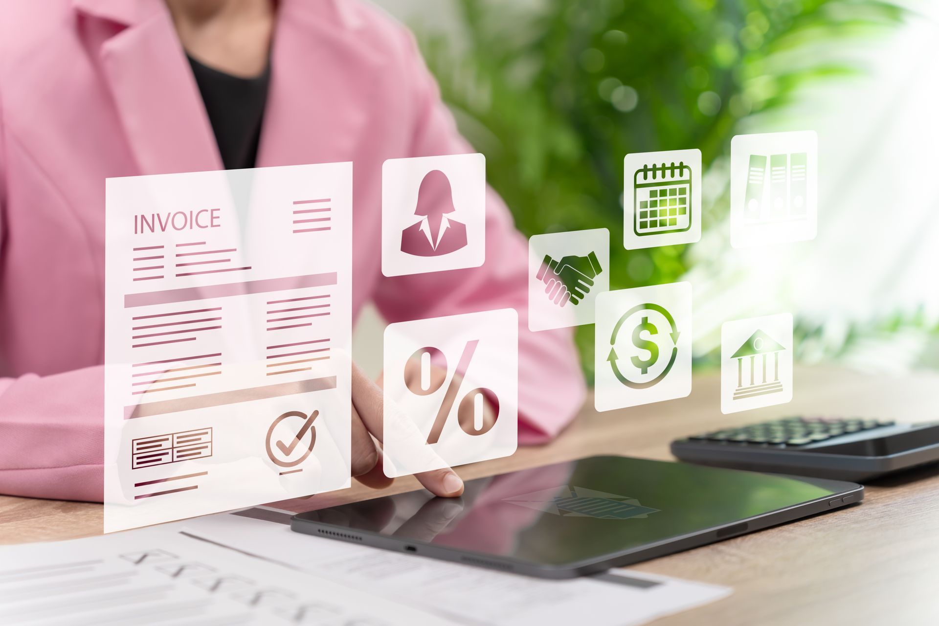 Businesswoman using a tablet, surrounded by floating invoice icons, indicating digital invoicing.