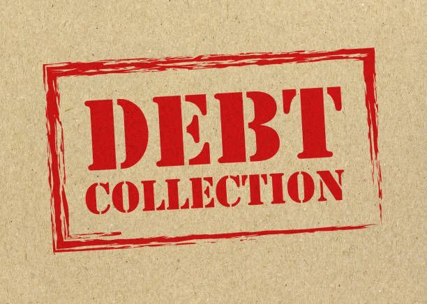 Red debt collection stamp on beige paper background