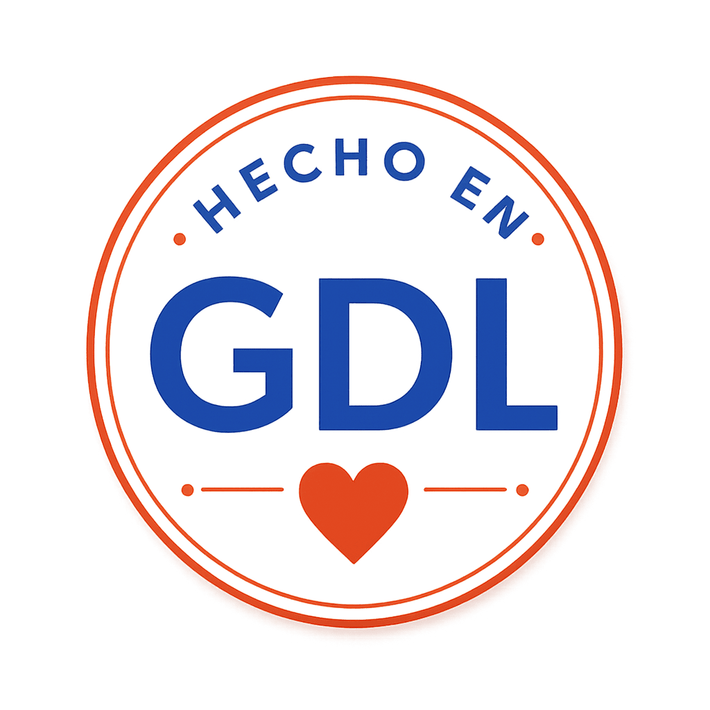 Logo circular blanco y naranja con “HECHO EN GDL” en azul y un corazón naranja abajo.
