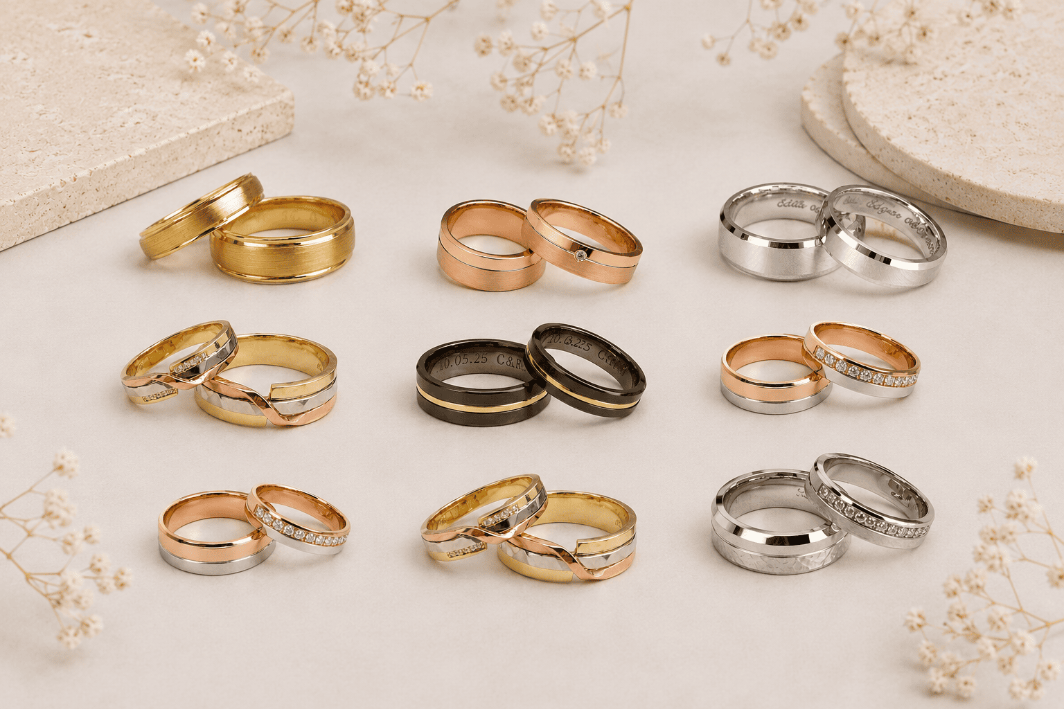 Anillos de bodas vieterna surtidos de oro amarillo, oro rosa y oro blanco, dispuestos sobre una superficie beige.