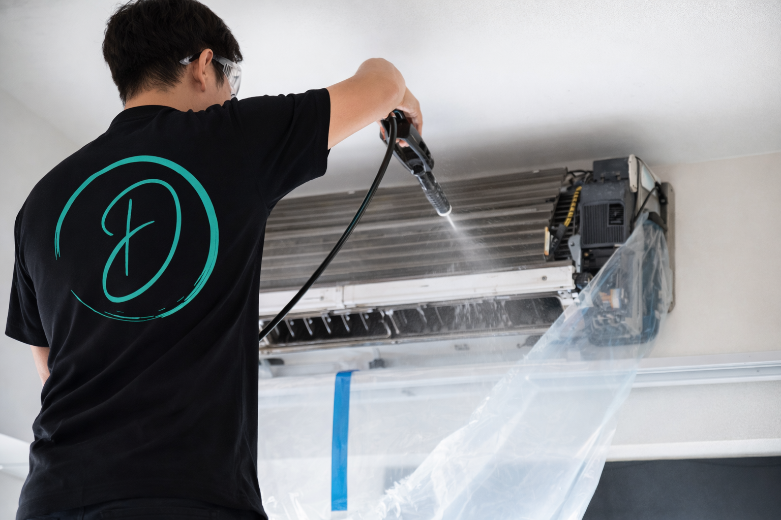 Technician cleaning a wall-mounted air conditioner with plastic sheet protection underneath