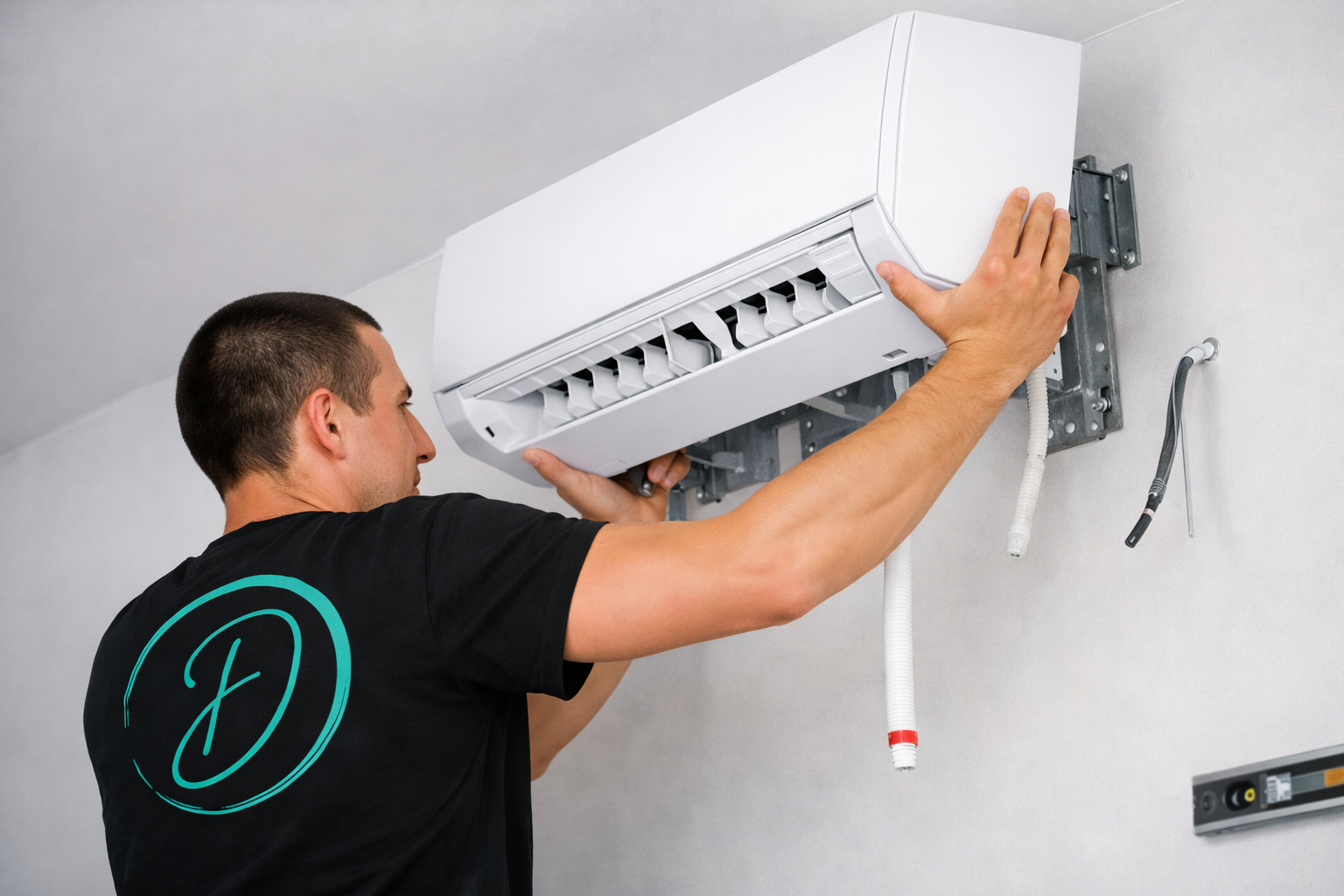 Technician installing a wall-mounted air conditioner indoors