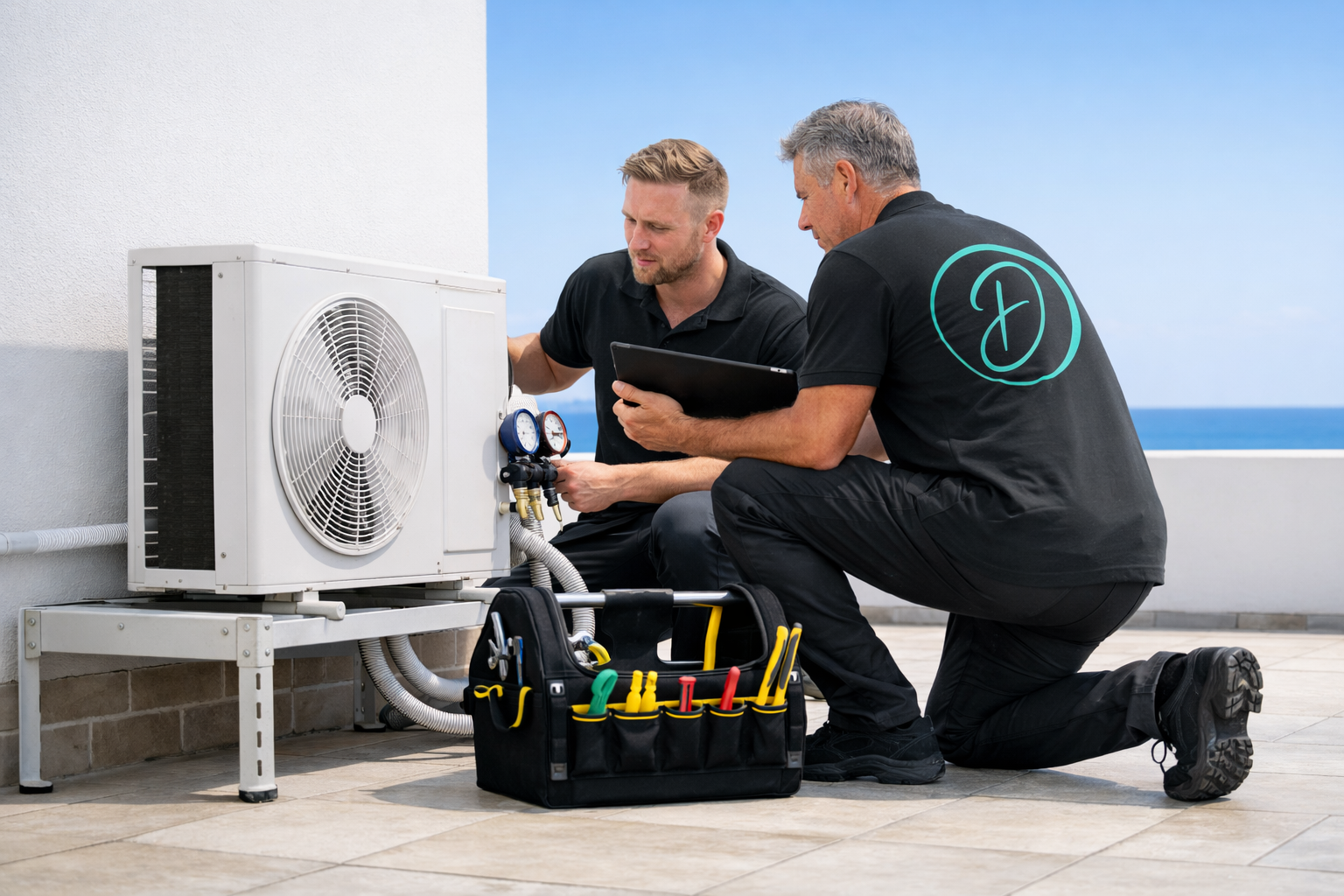 Two technicians kneel beside an outdoor AC unit, inspecting it with a tool bag on the patio.