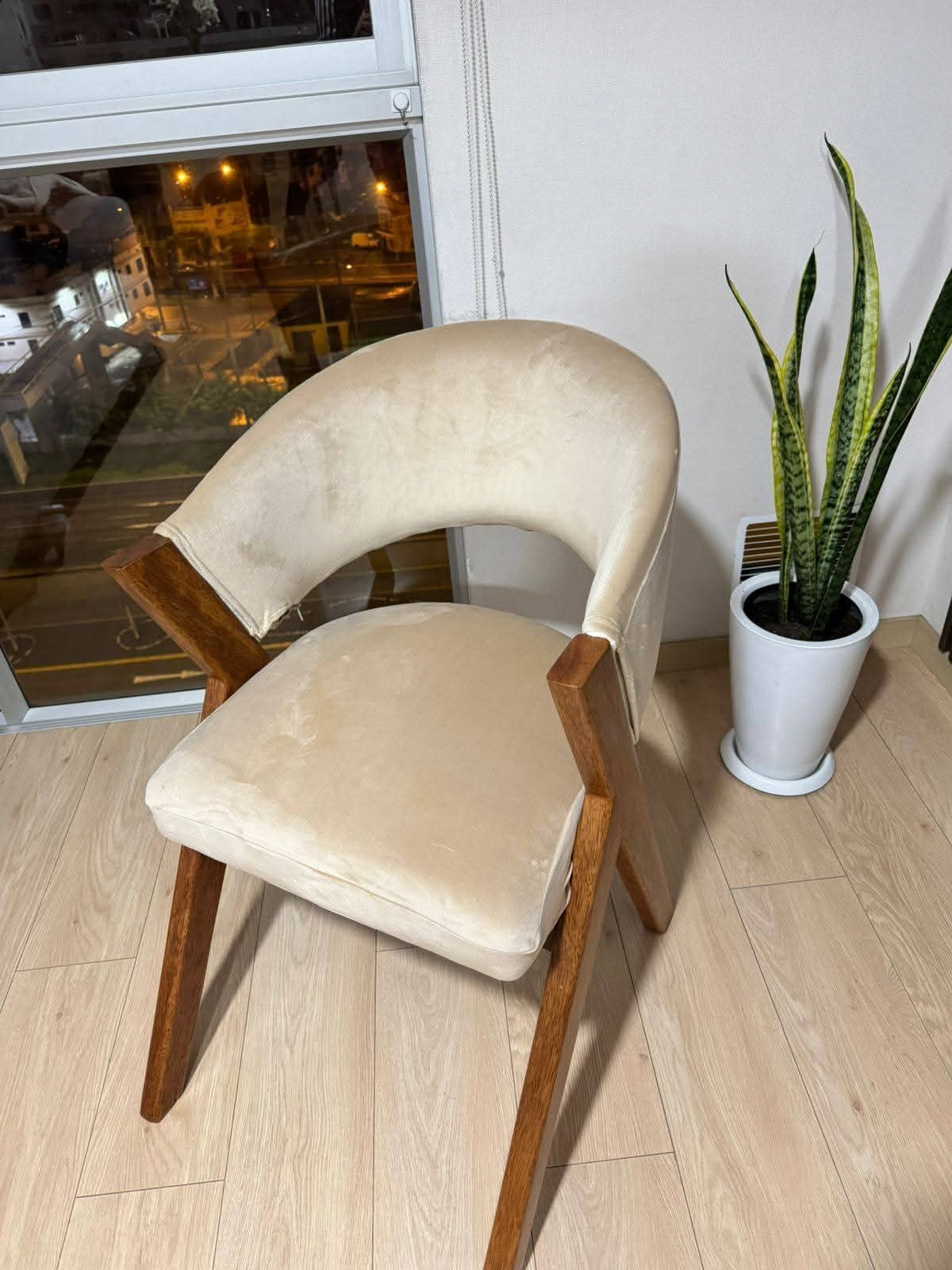 Silla de terciopelo beige con estructura de madera, junto a una planta de serpiente en maceta junto a una ventana.
