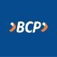 Logotipo de BCP sobre fondo azul; las letras BCP son blancas con chevrones marrones en cada lado.