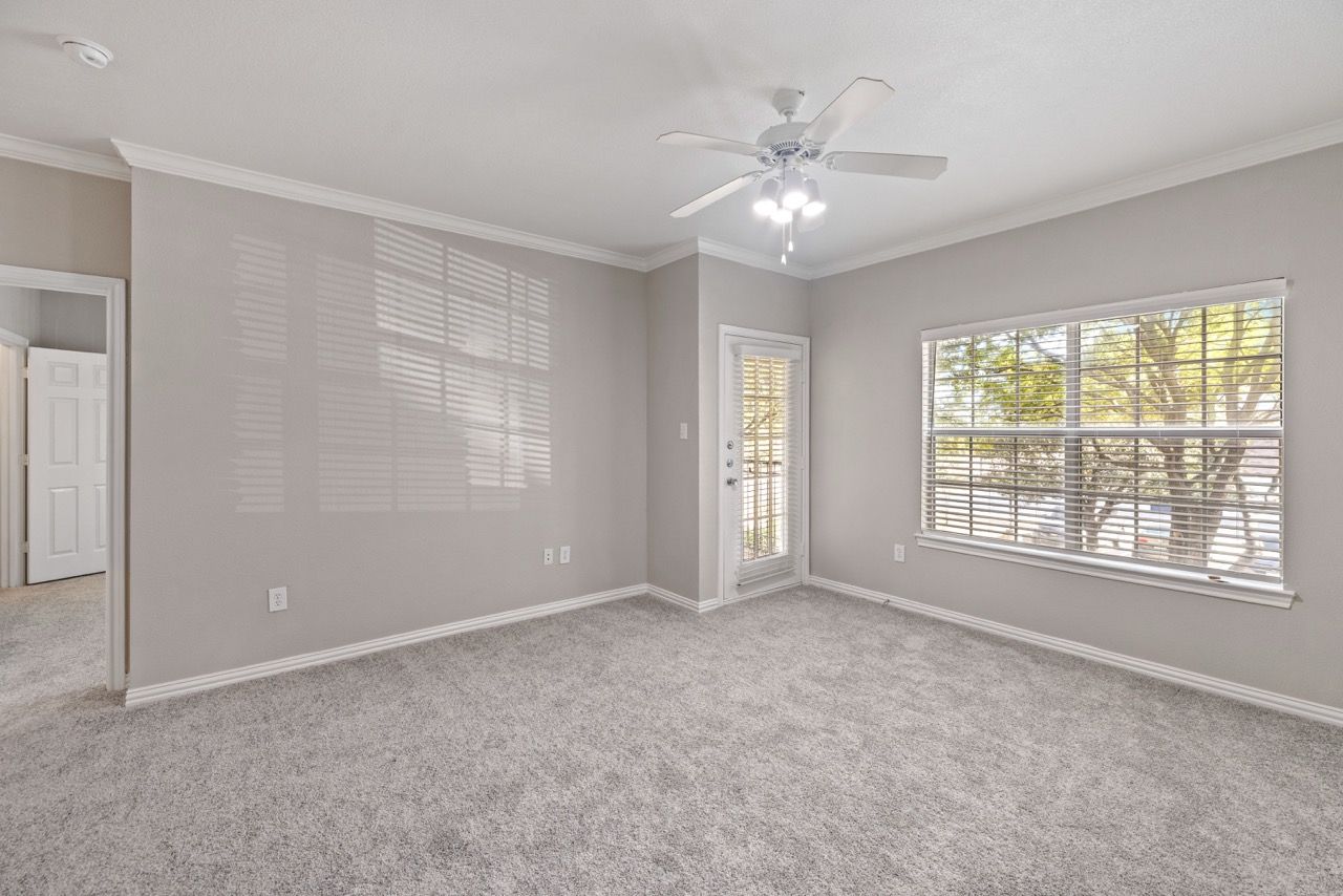 Apartment living room with gray walls, carpet, blinds, a ceiling fan, and exterior door.