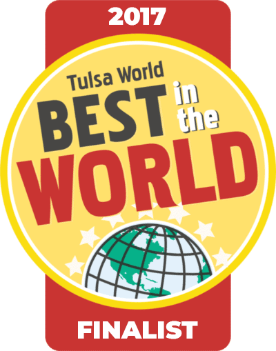 2017 Tulsa World Best in the World finalist badge in red, yellow, black, and white