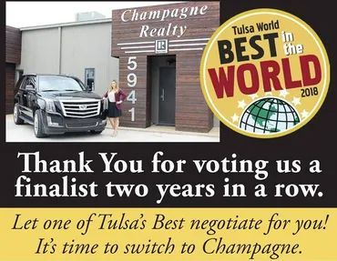 Champagne Realty ad with black SUV, Tulsa World Best in the World 2018 award, and thank-you message