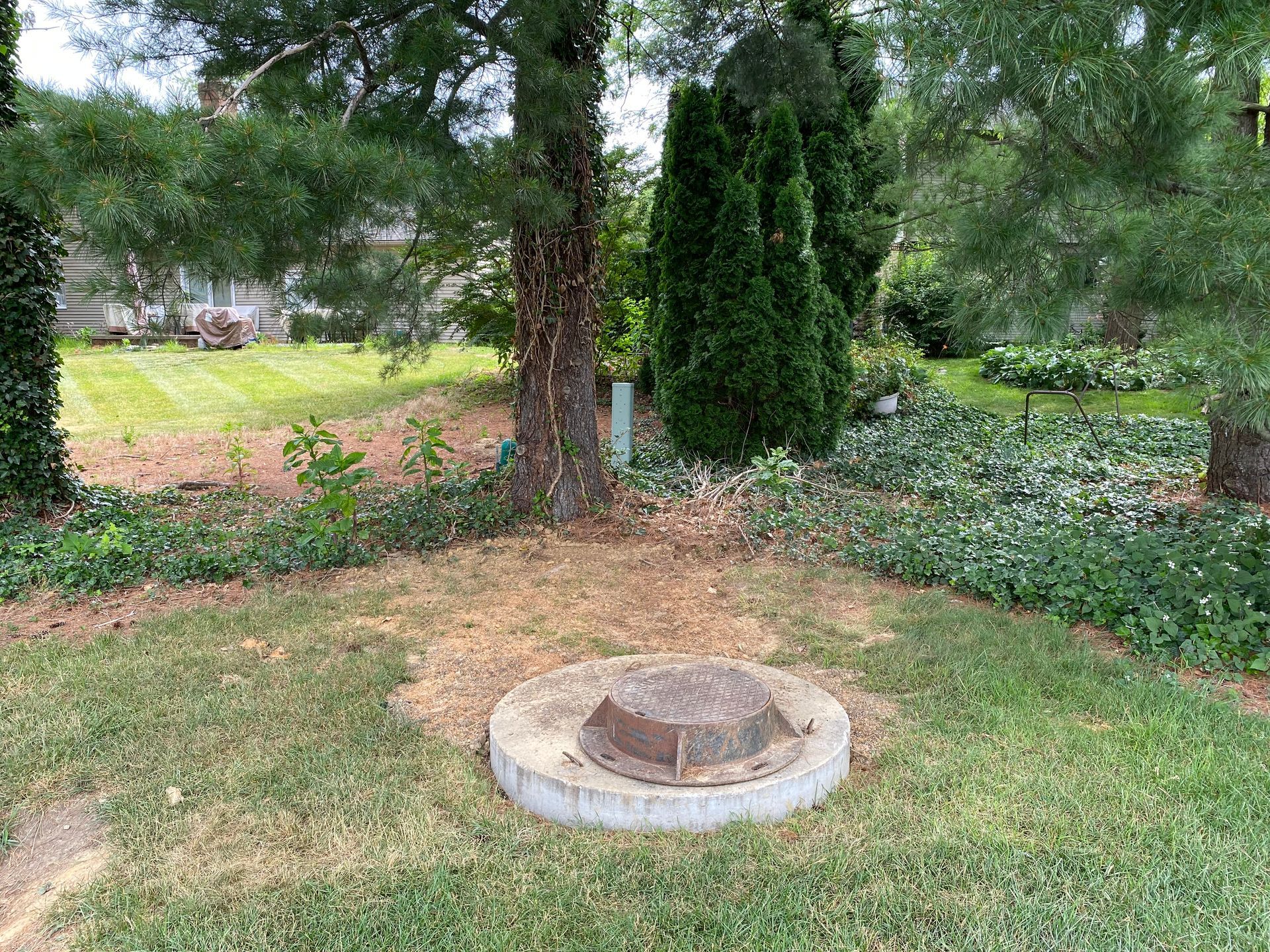 Completed trenchless rehab of stormwater pipe with compacted backfill and seeded disturbed area