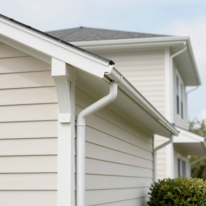 White house siding with a rain gutter and downspout under the roof eave