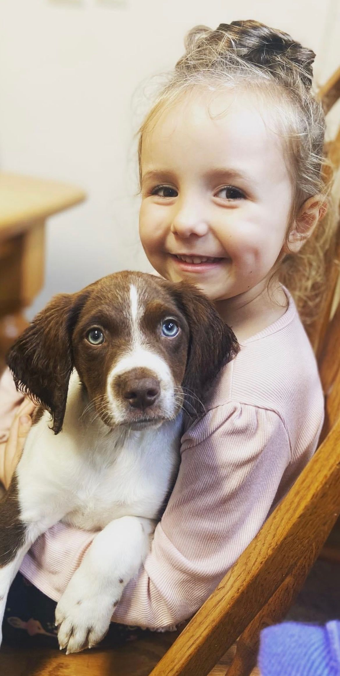 Young child smiling, holding brown and white puppy.