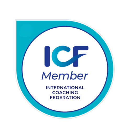 ICF Member badge: Blue and white circular logo with