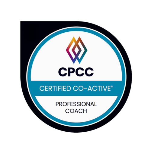 CPCC Certified Co-Active Professional Coach badge: blue and white circle with black border and stylized logo.
