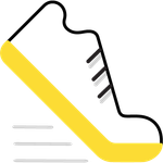 Yellow-soled running shoe in motion, black laces, gray speed lines.