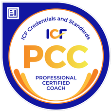 ICF Professional Certified Coach badge: blue, orange, and white circular logo with