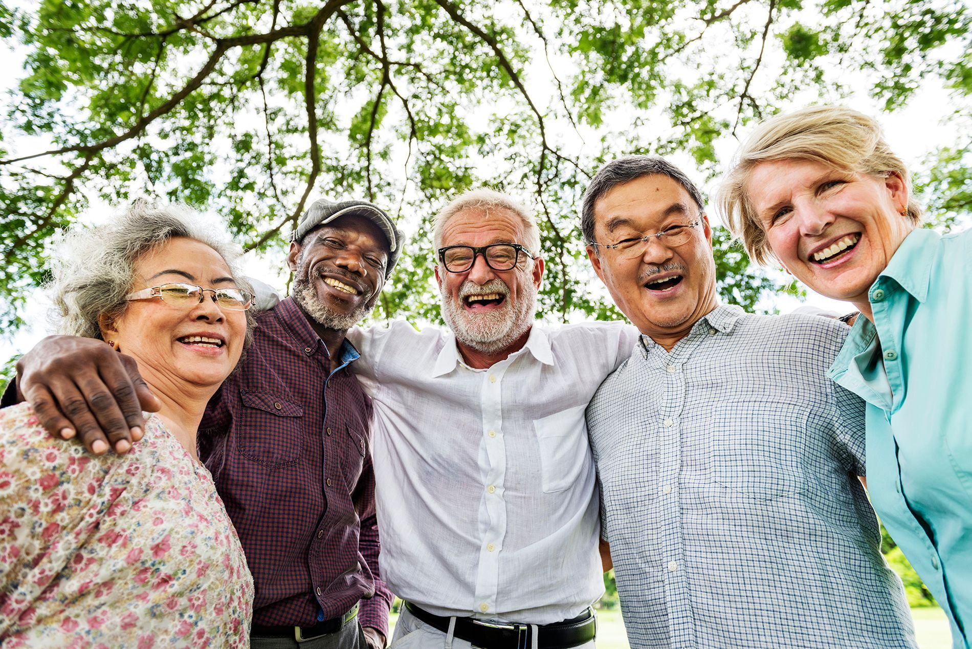 Group of diverse seniors smiling and embracing outdoors under a tree.