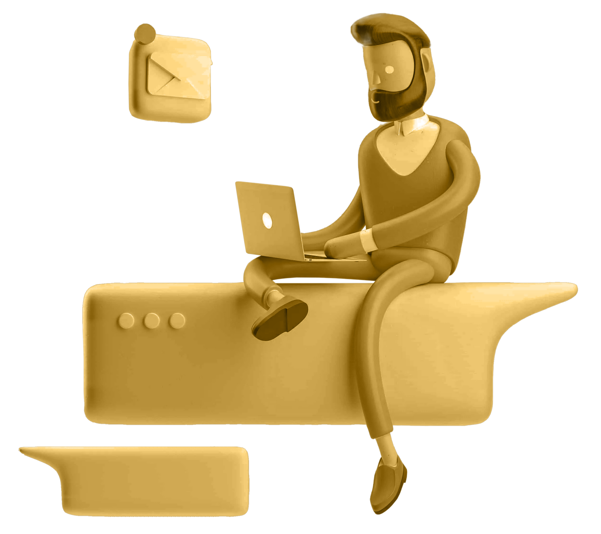 A man is sitting on a speech bubble using a laptop computer.