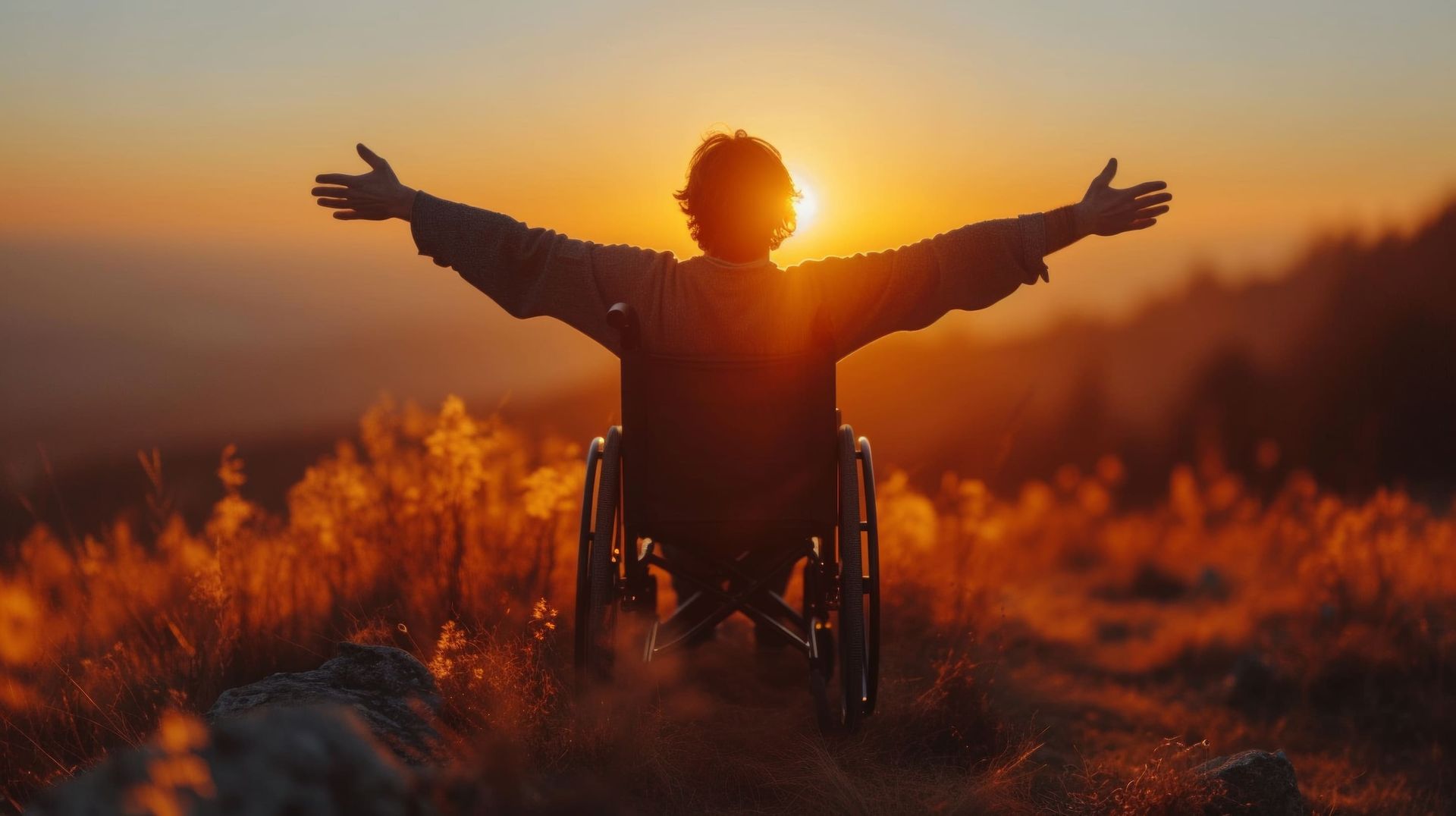 A man in a wheelchair is standing in a field with his arms outstretched at sunset.