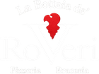 Logo per La Bottega de' Roveri Pizzeria e Birreria: testo bianco, forma astratta rossa,