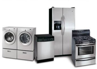 Household appliances: washer, dryer, dishwasher, refrigerator, and stove, all stainless steel.