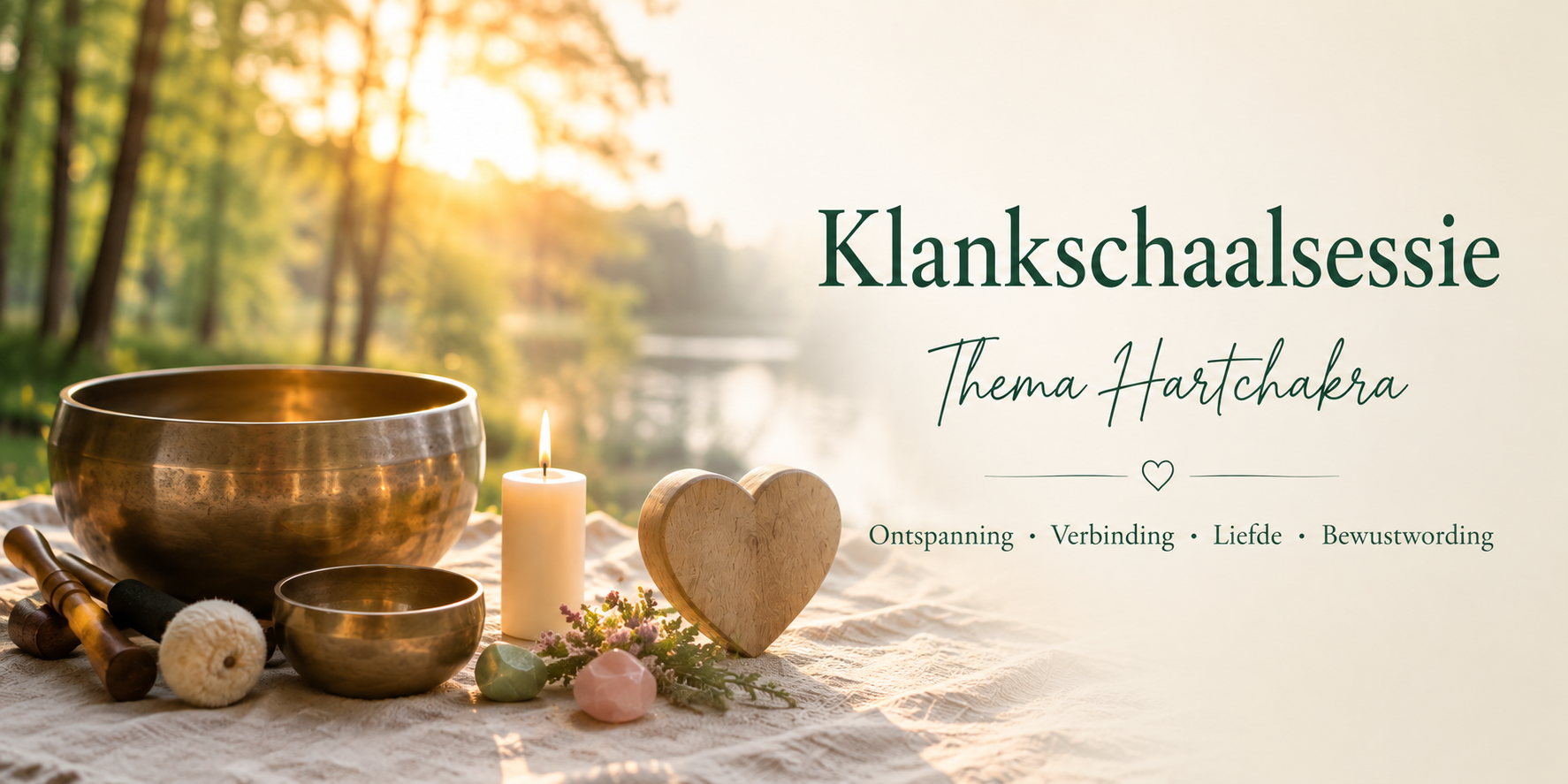 Een banner met spa-thema, versierd met klankschalen, massagestenen, kaarsen en hartvormige decoraties in warm zonlicht.