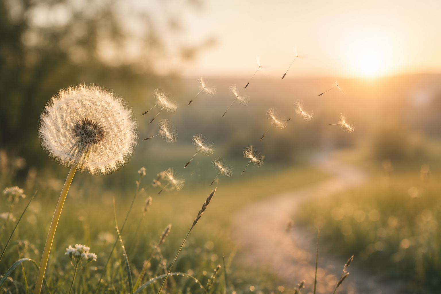 Paardenbloem in een zonovergoten weide, met zaadjes die bij zonsondergang langs een kronkelend pad dwarrelen.