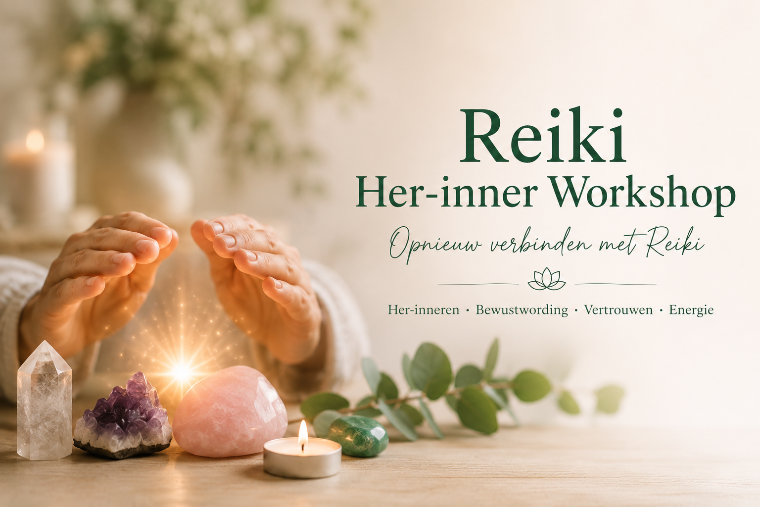 Promotieafbeelding voor de Reiki Her-inner Workshop met handen boven kristallen, een warme beige achtergrond, eucalyptus en kaarslicht.