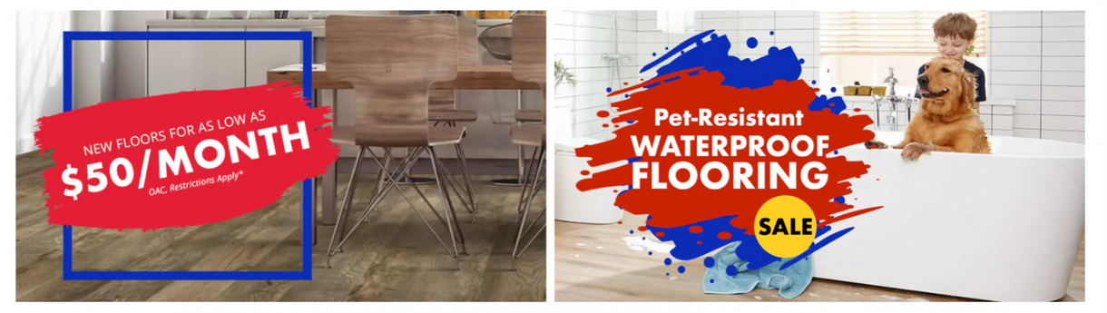 Left panel: flooring ad, $50/month. Right panel: waterproof flooring sale ad, boy with dog.