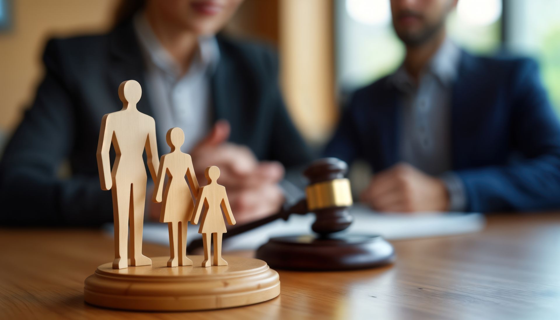 Family law lawyers discuss joint custody, alimony in courtroom. Wooden figures of family symbolize