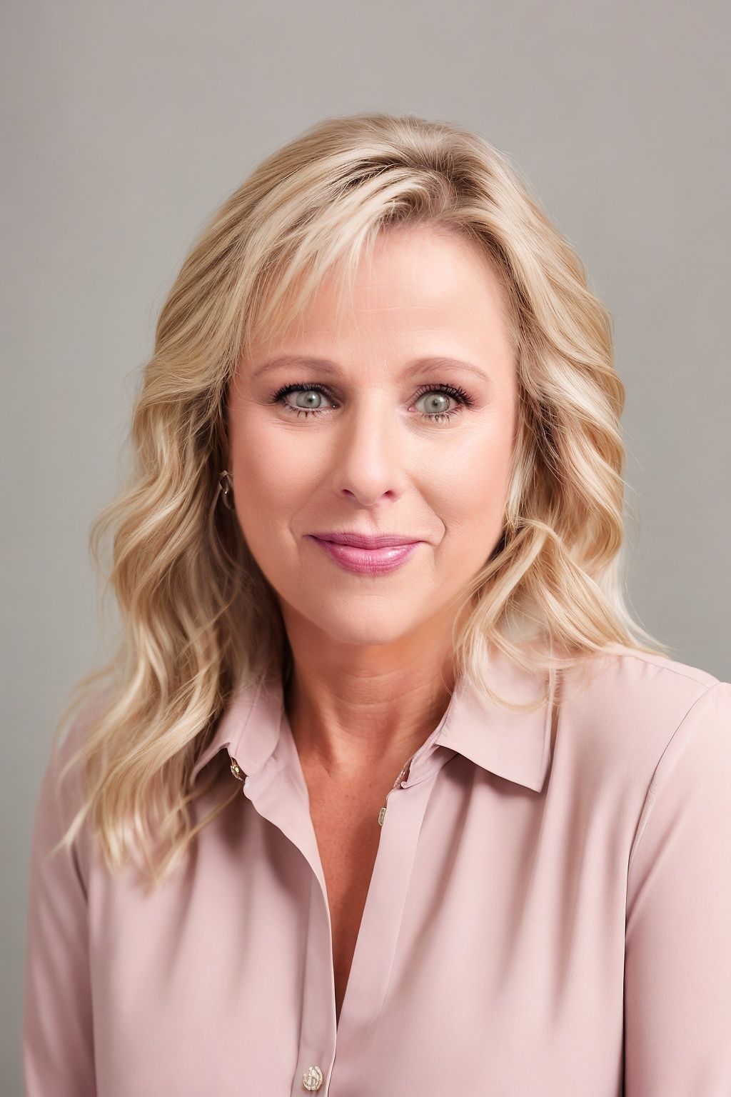 Woman with blonde hair, smiling, wearing a pink blouse against a grey backdrop.