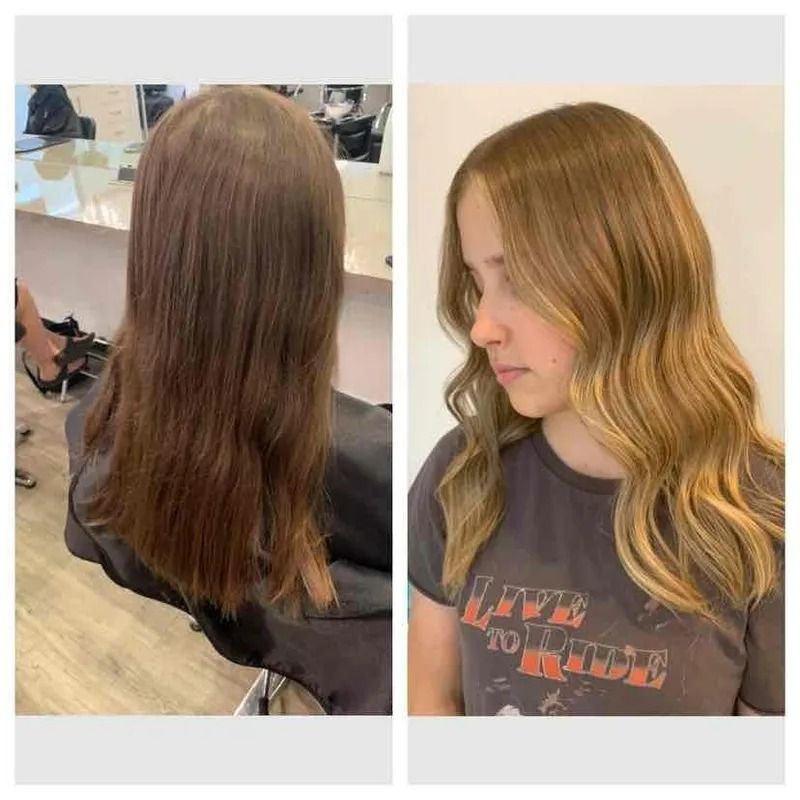 Before and After Hair Transformation Brown Hair Before, Blonde Highlights and Waves After — Artistry Of Hair in Redlynch, QLD