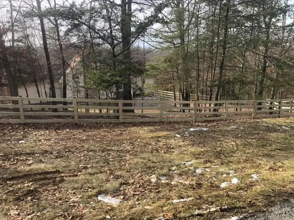 Leafy wooded yard with a wooden fence and scattered patches of snow on the ground.