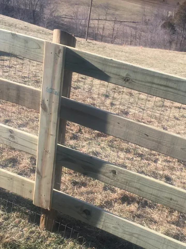 Wooden fence on a dry grassy hillside with leafless trees in the background