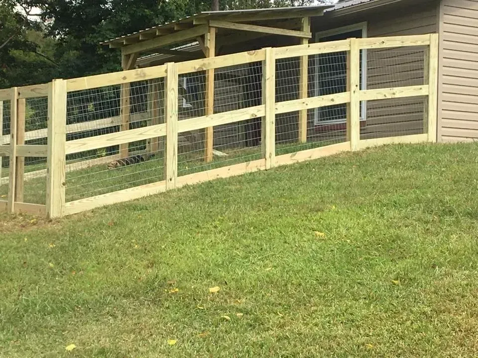 Wooden fenced ramp with wire mesh panels beside a house on a grassy lawn.