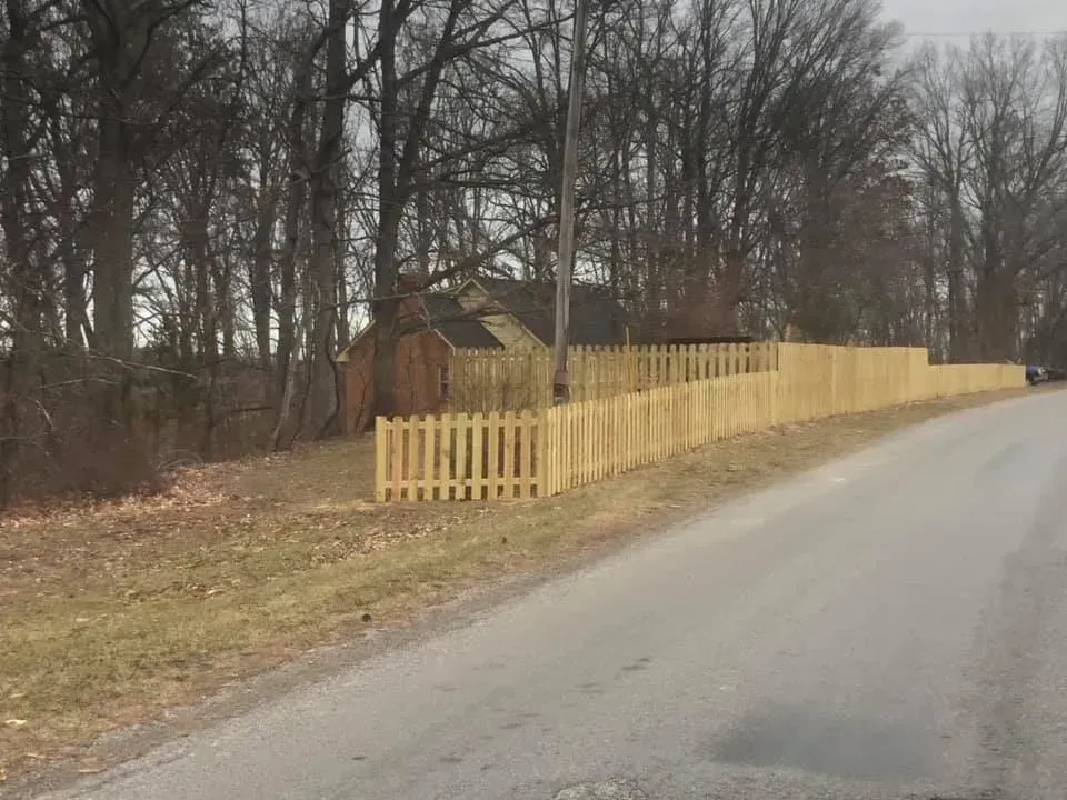 Wooden fence along a curving road beside leafless trees and a small house on a cloudy day