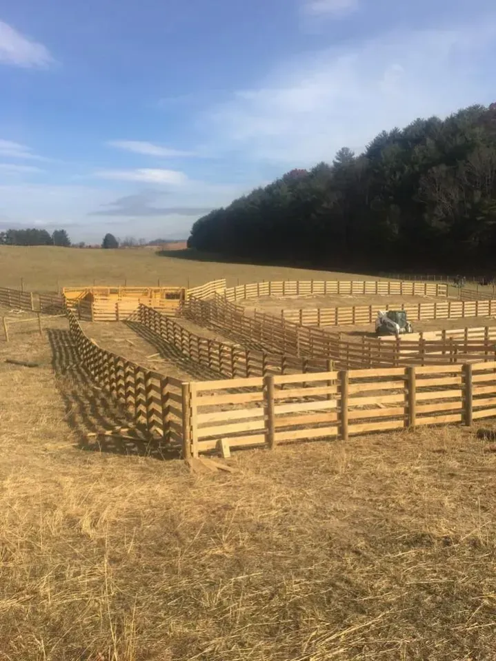 Wooden livestock pens in a dry field beside a tree line under a blue sky